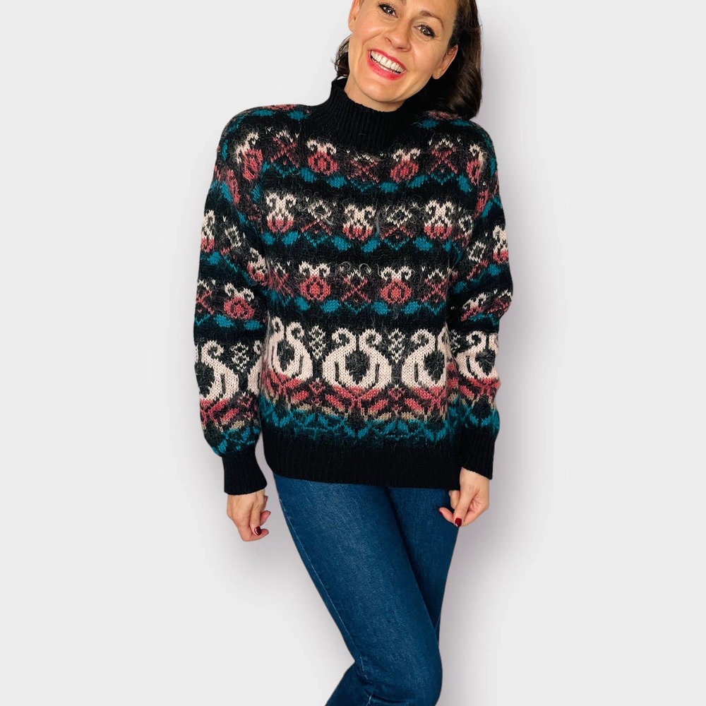 Vintage 80s D•D• Sloane Black Pink Teal Mohair Blend‎ Mockneck Sweater